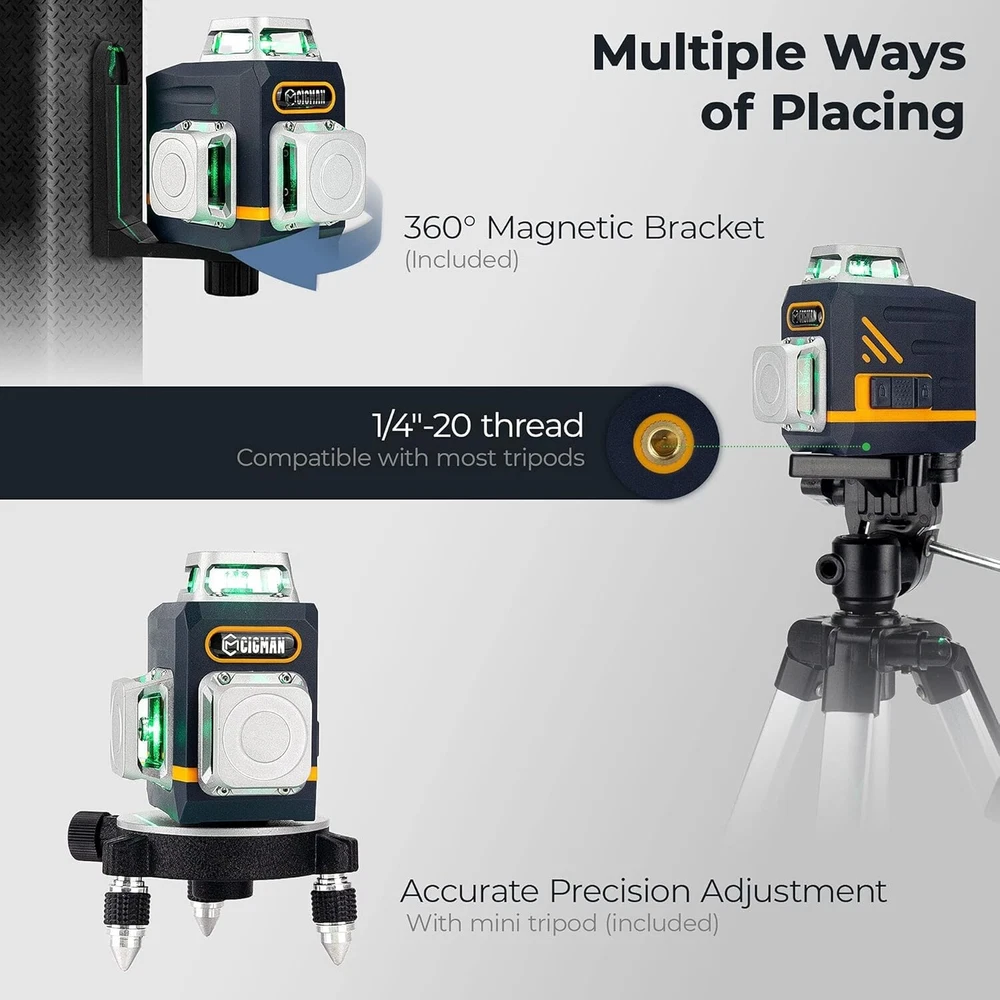 Rechargeable 3x360° Green Laser Level with Magnetic Stand & Remote Controller