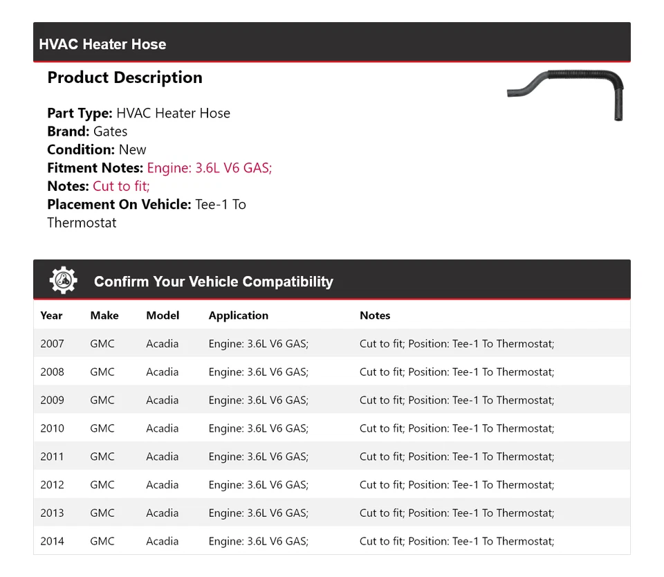 Para 2007-2014 GMC Acadia 3.6L V6 GAS HVAC mangueira aquecedor Tee-1 para portões termostáticos - Imagem 2 de 4