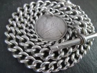Heavy 48g Victorian Solid Sterling Silver Albert Pocket Watch Chain Lions + Coin