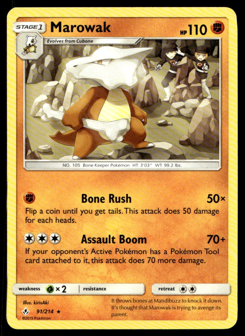 LP Marowak [SM - Unbroken Bonds 91/214] Rare Pokemon TCG