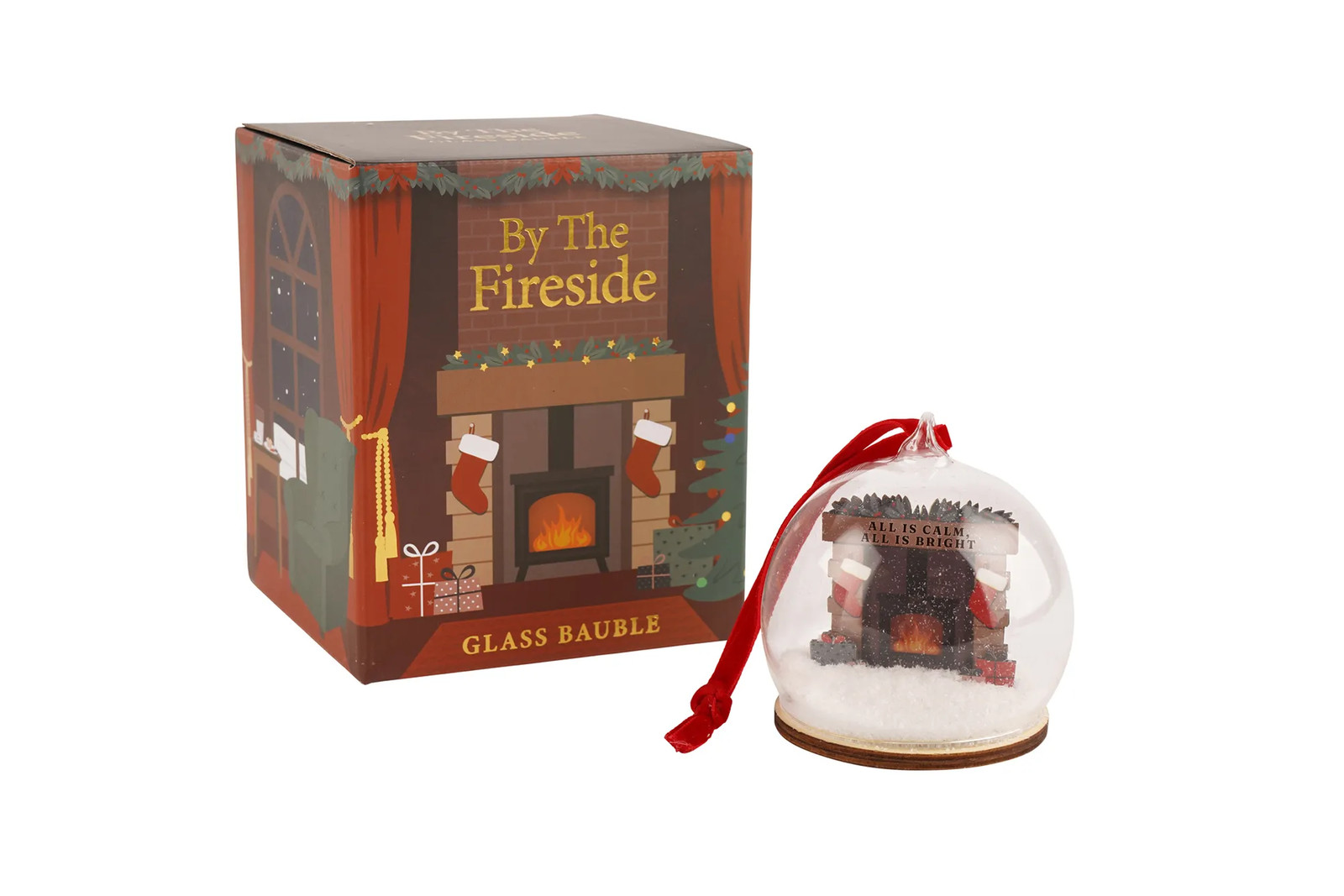 Fireplace Glass Bauble Xmas Tree Ornament 'All Is Calm, All Is Bright' Gift