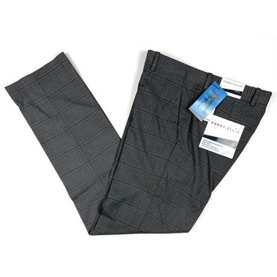 Perry Ellis Portfolio New Men's Charcoal Slim-Fit Windowpane Plaid Pants 31x30