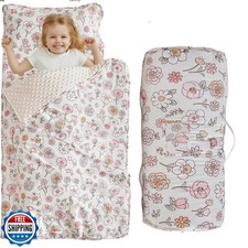 Floral Toddler Nap Mat With Zipper,Detachable Minky Blanket And Removable Pil