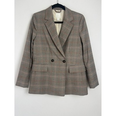 H&M Size 8 Gray Brown Classic Checker Double Breasted Boyfriend Style Blazer