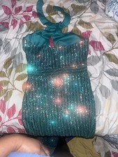 Teal Sequin Halter Formal Evening Gown Long Maxi Dress Polyester Material