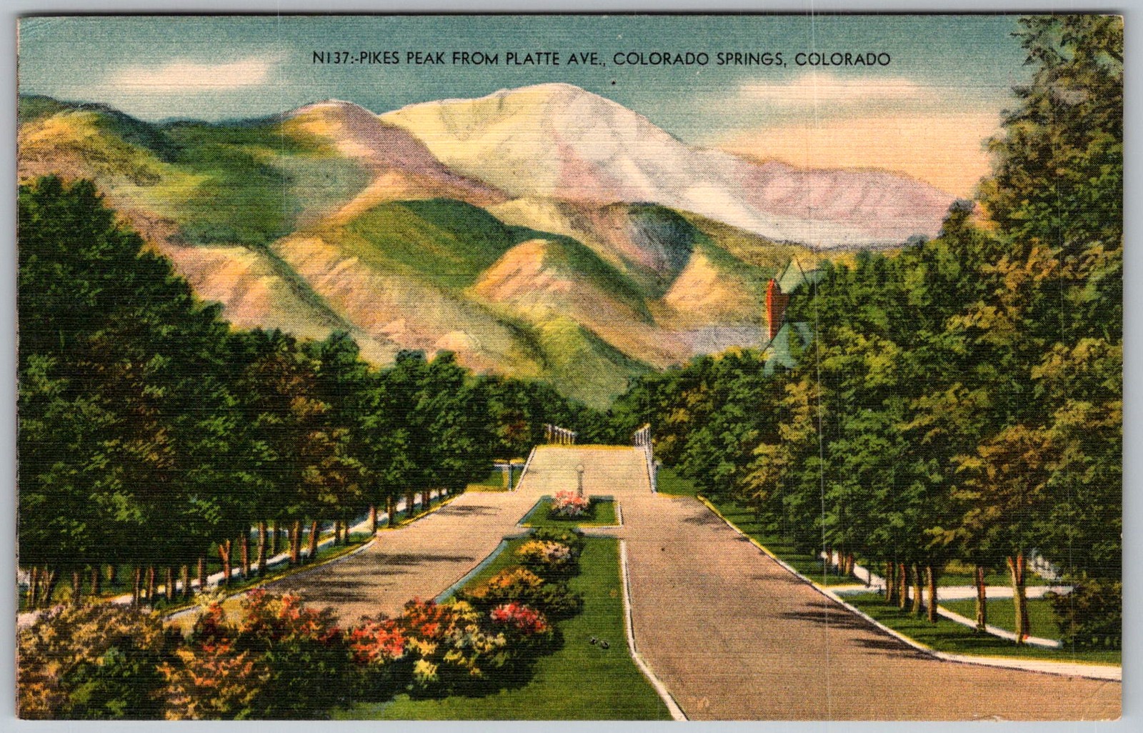 Vtg Linen Postcard Pikes Peak Platte Ave Colorado Springs, CO 1940s