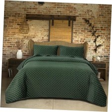 Reversible Velvet Size Quilt, Luxurious Bedspread Twin Plaid Stitch-dark Green
