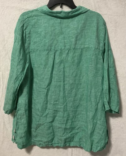 Women's Tahari Linen Top Size 1X Green White Blend Tunic Popover Side Buttons - Picture 2 of 6