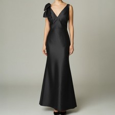 Alfred Sung Black Satin Shoulder Bow Trumpet Formal Dress Women's Size 16R NWT