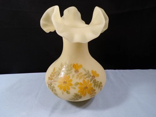 Fenton Hand Painted Yellow Daisies on Cameo Satin Glass Vase Marilyn Wagner