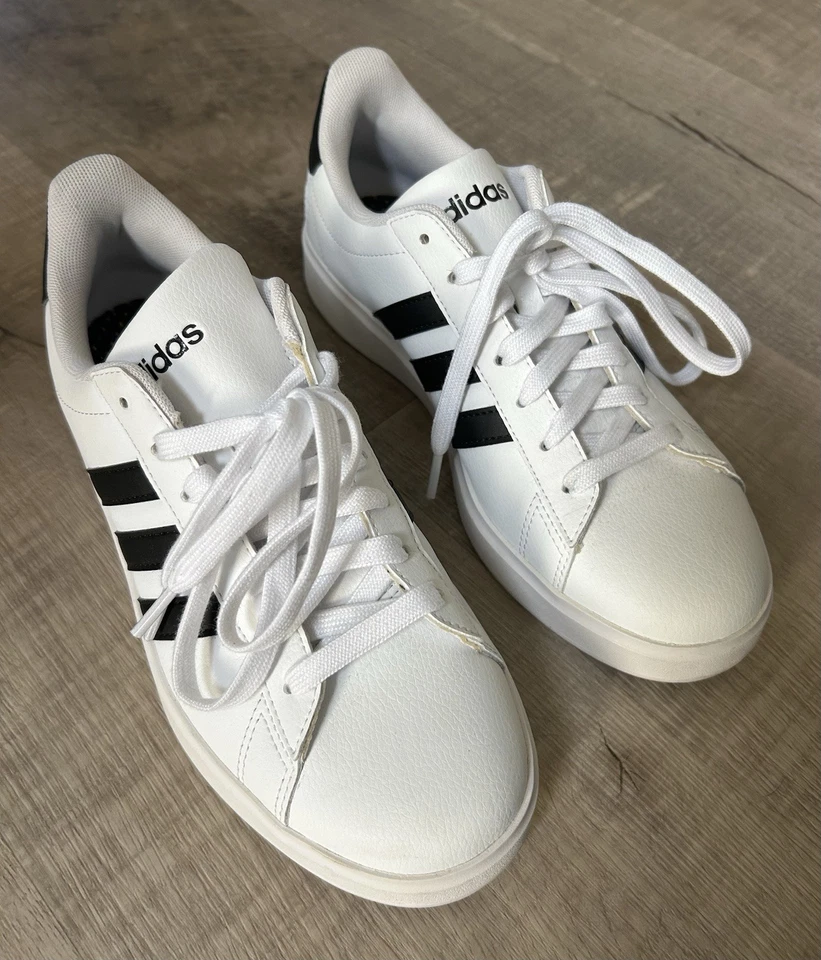 Adidas Women Grand Court Iconic Sneakers Lace-up White w/ Black Stripes Sz 7.5 - Image 3 of 4