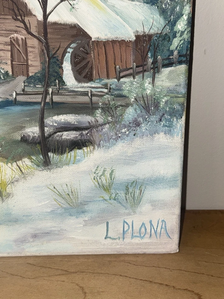 Original Oil Painting Bob Ross Style Winter Cabin Landscape Signed L. Palona - Image 3 of 4