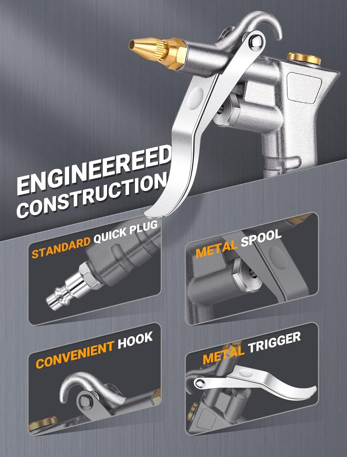 Pneumatic Air Blow Gun Brass Nozzle Steel Ext 1/4in Quick Plug Dust Removal Tool
