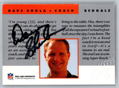 1992 Pro Line Portraits Auto David Dave Shula Cincinnati Bengals TC4778