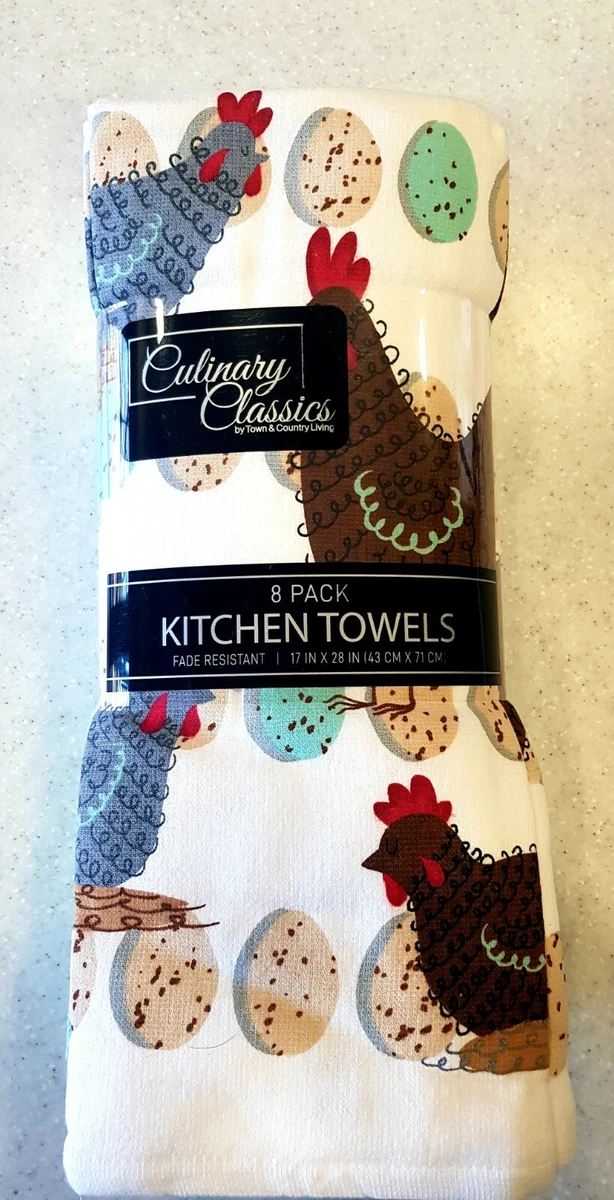 Funky Chicken, Kitchen Towel Set of 8. Mint, Gray. 100% Cotton.Culinary  Classics