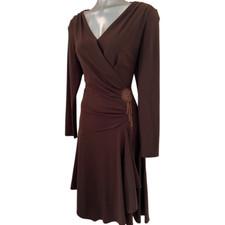 Frank Lyman Brown V Neck Ruched Bead Detail Stretchy Evening Occasion DRESS 10