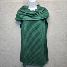 Bryn Walker Pike Poncho Womens Large Green Houndstooth Cowl Neck Bamboo Layer