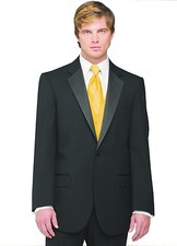 Sizes 35-64. Long 7-Piece Tuxedo Package w/Flat Front Pants, Gold Vest  Tie