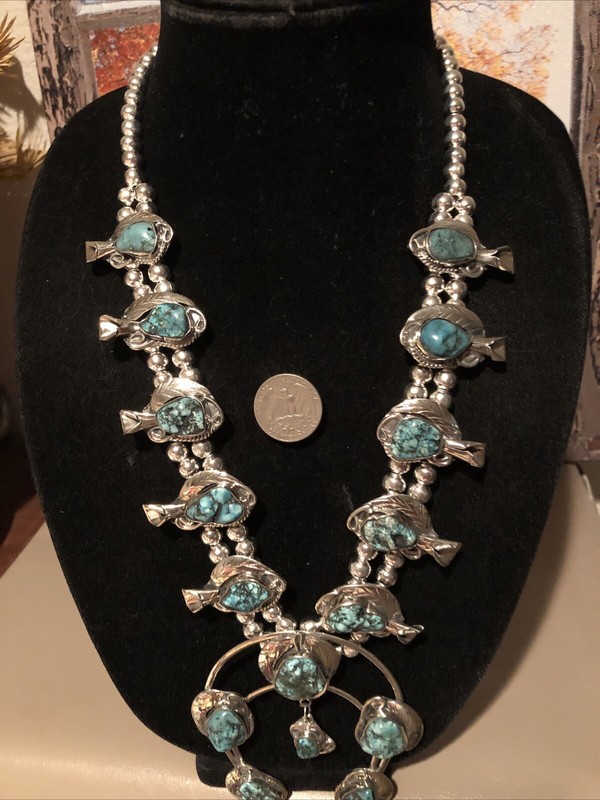 Native Jeweler Genuine ROYSTON Turquoise Nuggets Squash Blossom Necklace