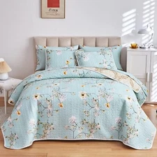 2 Pieces Reversible Floral Quilt Set Aqua Microfiber Soft Smooth Quilt Elegan...