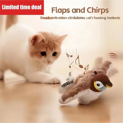 Interactive Cat Toy Bird Plush Rechargeable Chirping Flapping Bird Touch