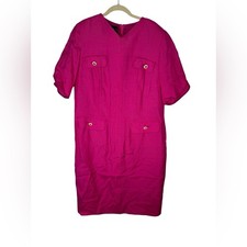 Vintage Louis Feraud Women's Pink with Gold And White Button Dress Size 14