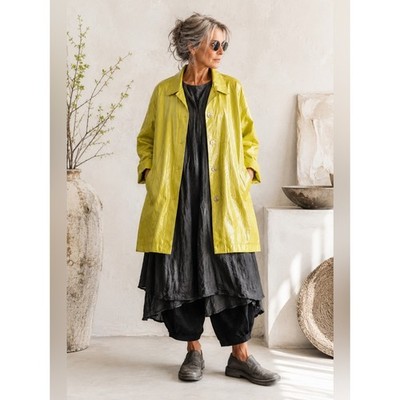OPUS 204 Vintage Coated Linen Coat Button Up Artsy Lagenlook Chartreuse 1X 2X