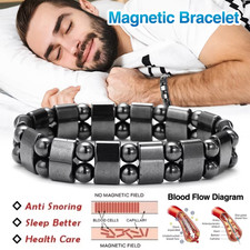Hematite Magnetic Therapy Bracelet 2 Row Beaded Stretch Adjustable Black Stone
