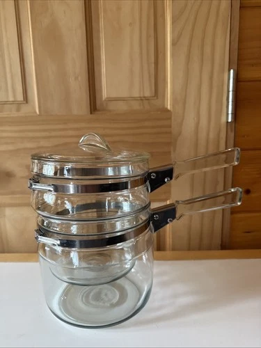 Vintage Pyrex Flameware Double Boiler with Lid #6763  3 Pieces 1 1/2 QT USA Made