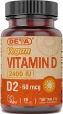 DEVA Vegan Vitamin D2 60 mcg 2400 IU, Ergocalciferol Supplement with No Animal I