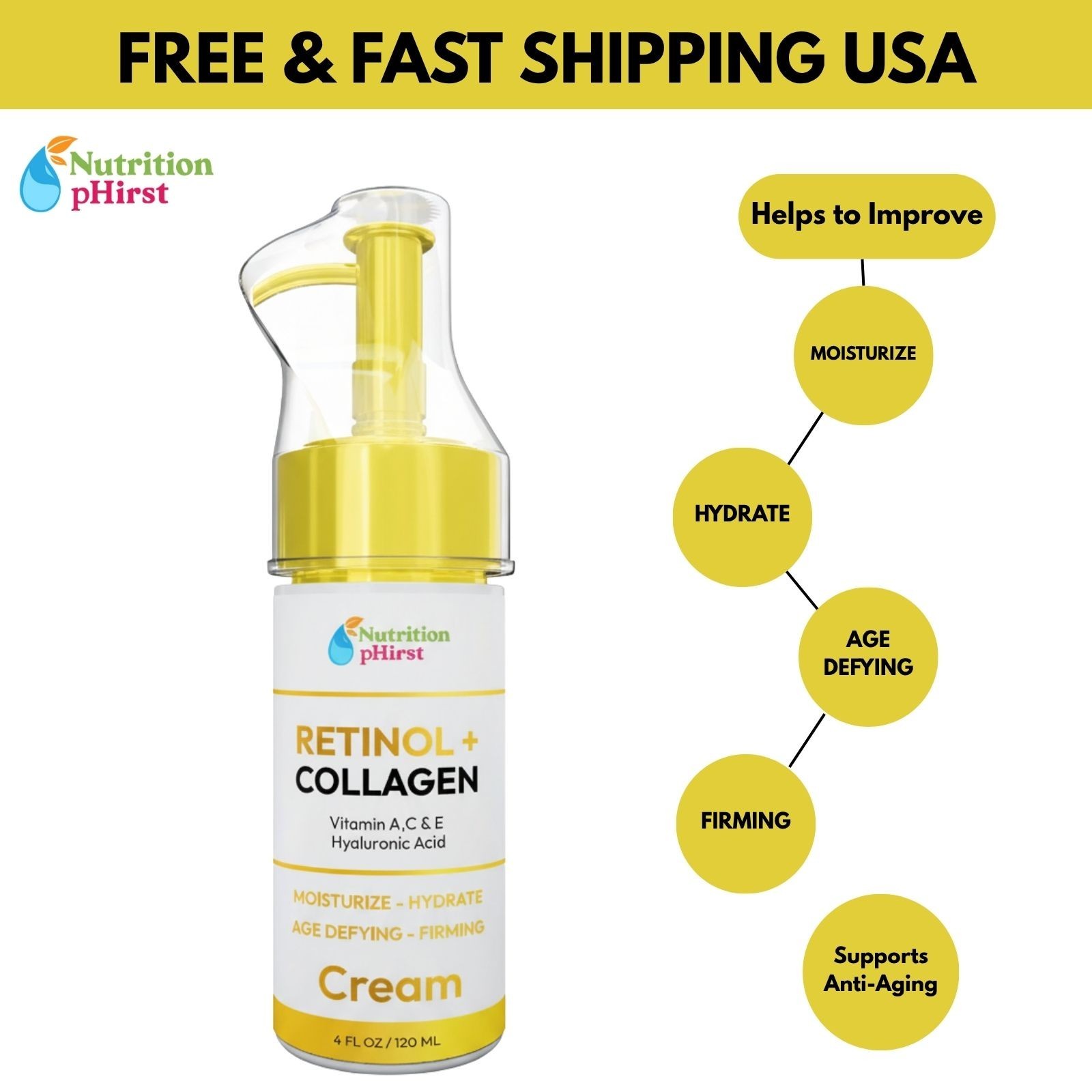 Retinol + Collagen, Hyaluronic Acid, Vitamin C AntiAging Wrinkle Serum Cream 4oz