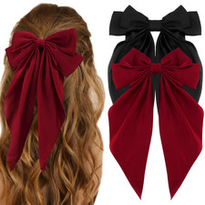 Hair Bow Clip, 2 Pcs Silky Satin Hair Bows for Women Hair Ribbons Oversized Long