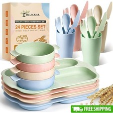 24 Pcs Unbreakable Wheat Straw Dinnerware 4 Set Kids Cutlery Microwave Safe New