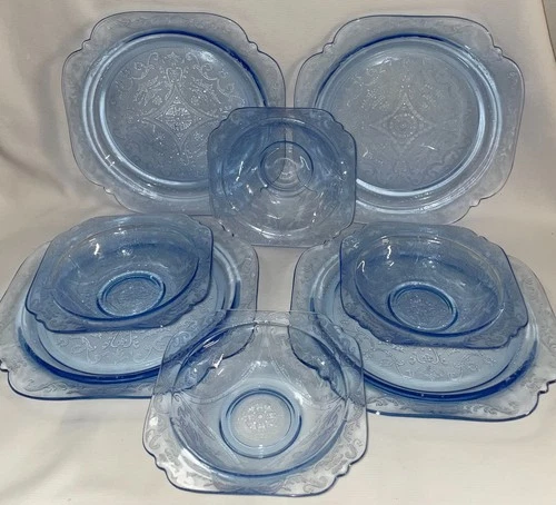 Vtg Federal Glass Madrid Depression Square Blue 4 Soup Bowls 4 Square Plates