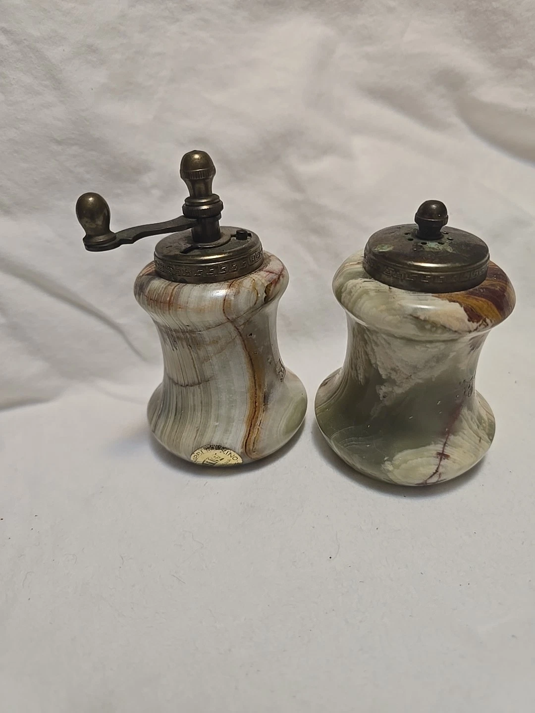 Vtg Italian Green/Brown Onyx Pepper Grinder & Salt Shaker Greek Key Trim- Wear