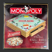 Parker Brothers 2007 Monopoly Scrabble +4 Classic Game Solid Wood Cabinet Sealed