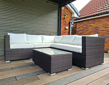 Brown Rattan Effect Corner Sofa Set, White Cushions, Glass Top Rectangular Table