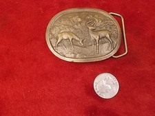 OLD VTG SOLID BRASS INDIANA METAL CRAFT BELT BUCKLE, DEER EATING IN MOUNTAINS