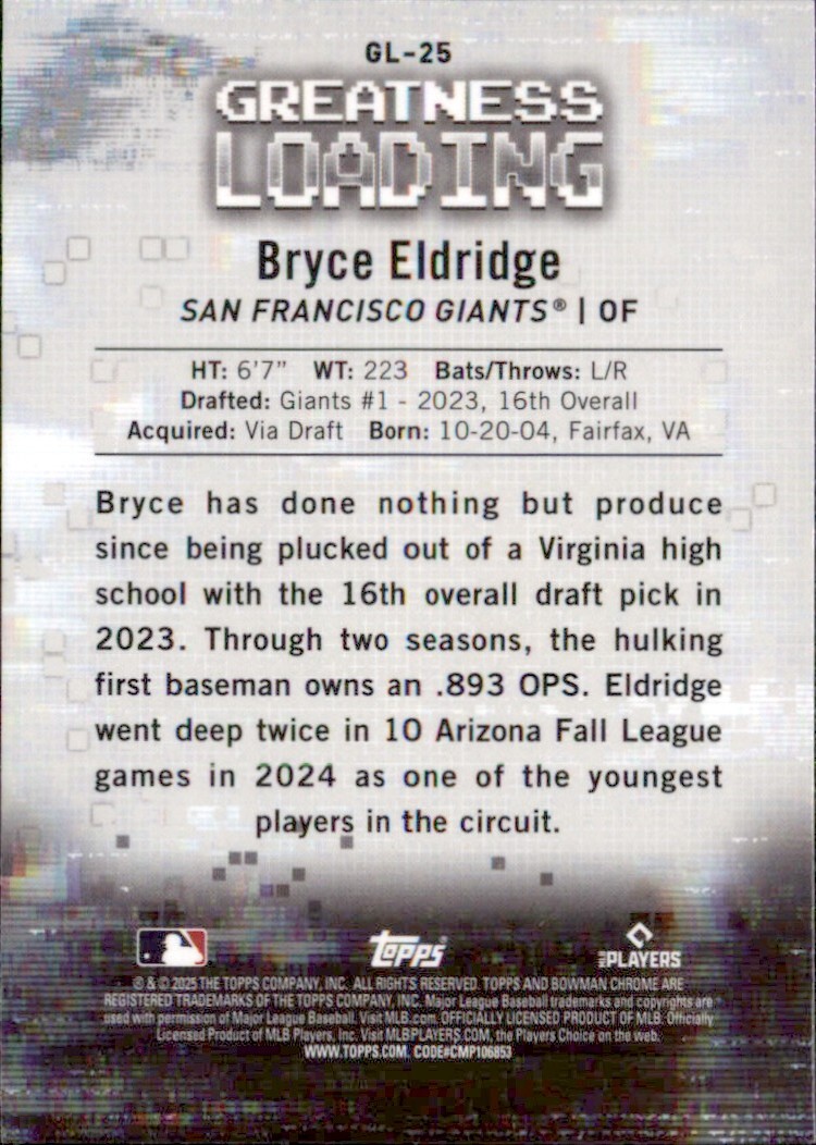 2025 BOWMAN CHROME GREATNESS LOADING INSERT BRYCE ELDRIDGE