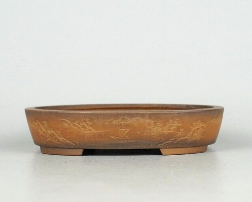 Japanischer TOKONAME Bonsaischale BIGEI signiert KUGIBORI Landschaft DEIMONO w6,2" *927