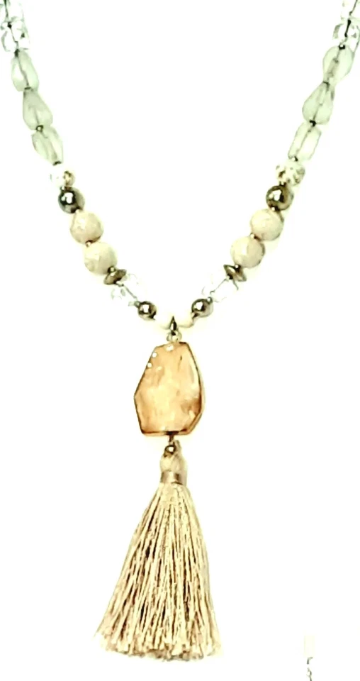 Pendientes Collar Chico's, Hueso, Cristal, Plata Suave, Cuero Borla Beige Fb3 Foto 2 de 4