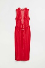 H&M CHERISH WASTE SEXY RED MESH MIDI PARTY DRESS MEDIUM UK 12-14 EU 40-42 BNWT
