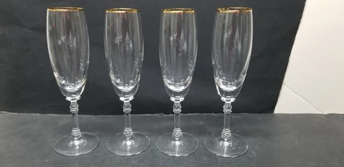 4 RALPH LAUREN BEDFORD GOLD  RIM CRYSTAL FLUTED CHAMPAGNE GLASSES 8 5/8”