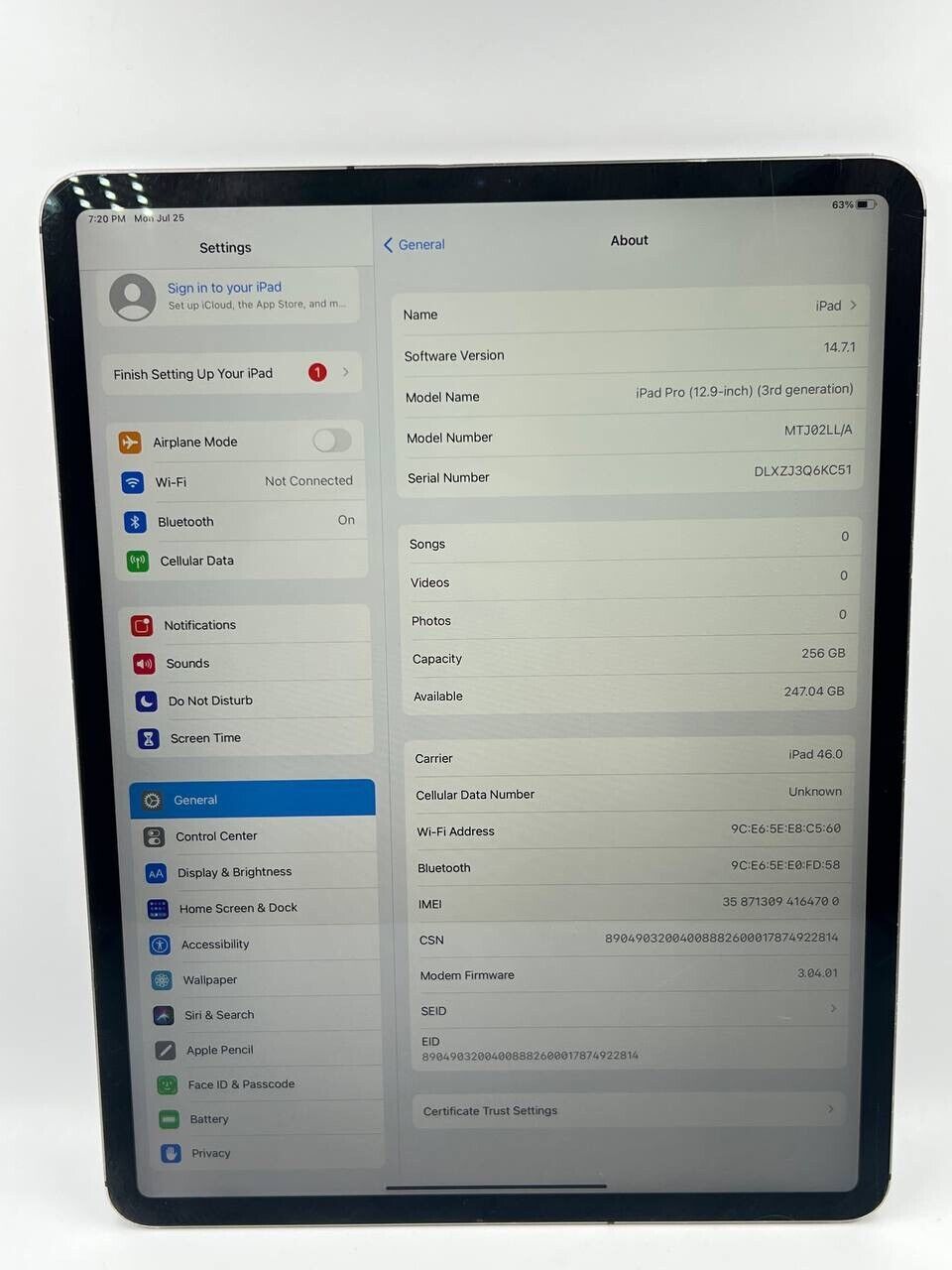 Apple iPad Pro 3rd Gen. 256GB, Wi-Fi + 4G (Unlocked), 12.9 in 