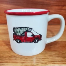 Winter Wonder Lane Ceramic Holiday Mug Embossed Red Truck & Christmas Tree EUC
