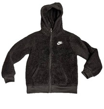 Nike Fleece Full Zip Up Jacket Girls Size7 Large Black With White Logo