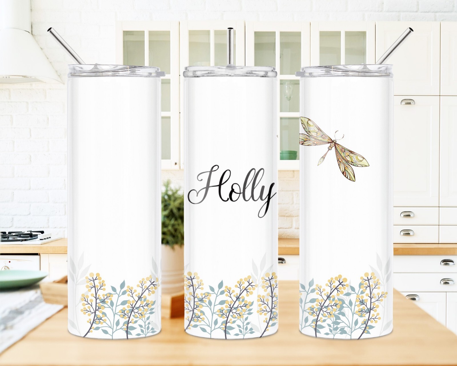 Teal Dragonfly Meadow Design Stainless Steel 20oz Skinny Tumbler Coffee Cup-image