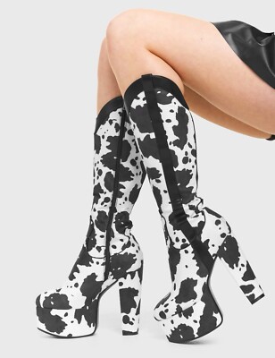 Cow Print Suede Material Platform Boots-Worn Once