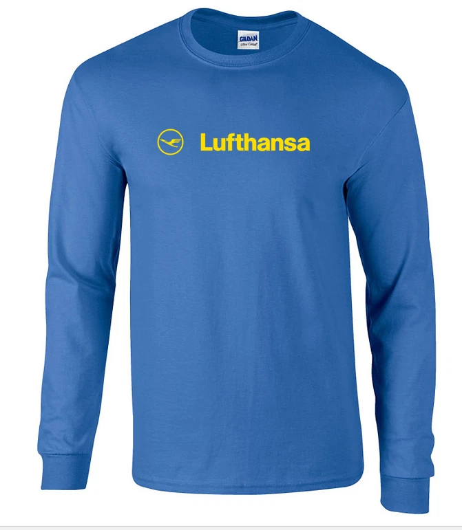 Royal Blue Lufthansa Vintage Logo German Airline T-Shirt Long Sleeve Shirt S-5XL