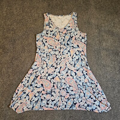 J Jill Dress Womens Large Blue Paisley A Line Stretch Short Sleeve Casual Basic